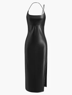 Discount Side Split PU Leather Cami Dress Black Dresses|Casual Dresses