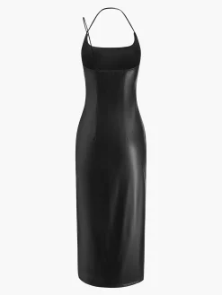Discount Side Split PU Leather Cami Dress Black Dresses|Casual Dresses