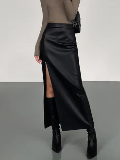 Online Side Split PU Leather Midi Skirt Skirts|Bottoms