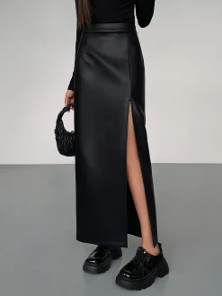 Online Side Split PU Leather Midi Skirt Skirts|Bottoms