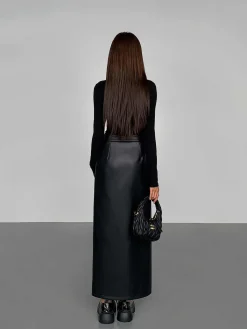 Online Side Split PU Leather Midi Skirt Skirts|Bottoms