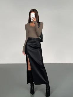Online Side Split PU Leather Midi Skirt Skirts|Bottoms