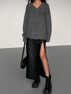 Online Side Split PU Leather Midi Skirt Skirts|Bottoms