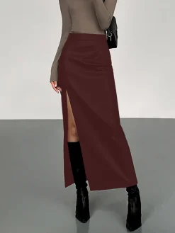 Online Side Split PU Leather Midi Skirt Skirts|Bottoms