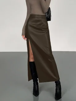 Online Side Split PU Leather Midi Skirt Skirts|Bottoms