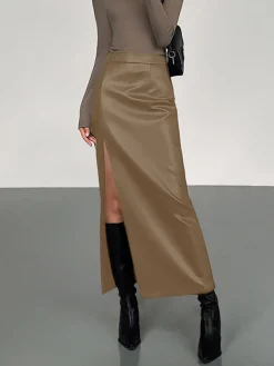 Online Side Split PU Leather Midi Skirt Skirts|Bottoms