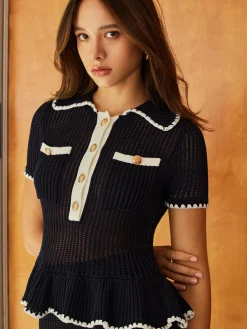 Sale Sim-Sheer Ruffle Lapel Button Knit Top Sweater Tops|Sweaters & Cardigans