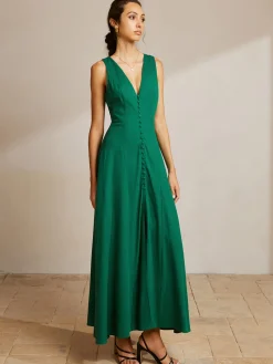 New Sleeveless Button Front V-Neck Dress Casual Dresses|Vacation Dresses