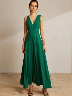 New Sleeveless Button Front V-Neck Dress Casual Dresses|Vacation Dresses
