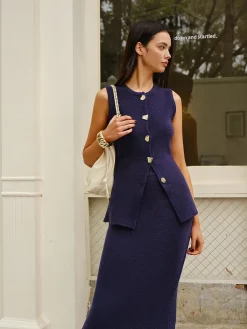 Online Sleeveless Button Jersey Skirt Set Skirt Sets|Long Sleeve Sets