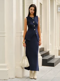 Outlet Sleeveless Button Jersey Skirt Set Skirt Sets|Long Sleeve Sets
