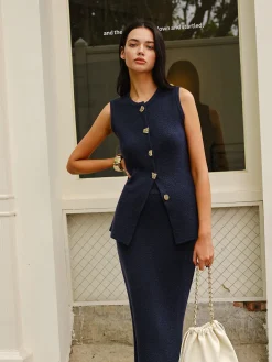 Outlet Sleeveless Button Jersey Skirt Set Skirt Sets|Long Sleeve Sets