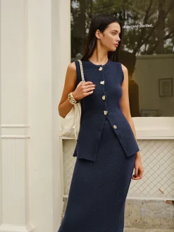 Outlet Sleeveless Button Jersey Skirt Set Skirt Sets|Long Sleeve Sets