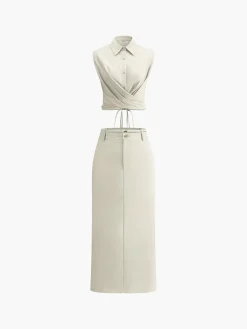 Clearance Sleeveless Button-Down Collar Tie Back Skirt Set Skirt Sets|Long Sleeve Sets