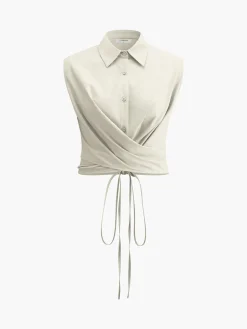 Clearance Sleeveless Button-Down Collar Tie Back Skirt Set Skirt Sets|Long Sleeve Sets