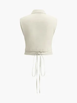 Clearance Sleeveless Button-Down Collar Tie Back Skirt Set Skirt Sets|Long Sleeve Sets