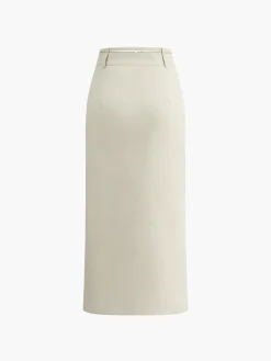 Clearance Sleeveless Button-Down Collar Tie Back Skirt Set Skirt Sets|Long Sleeve Sets