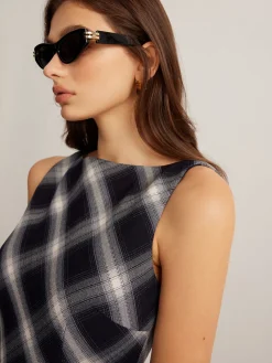 Sleeveless Checked Zipper Dress Black Dresses|Casual Dresses