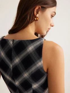 Sleeveless Checked Zipper Dress Black Dresses|Casual Dresses