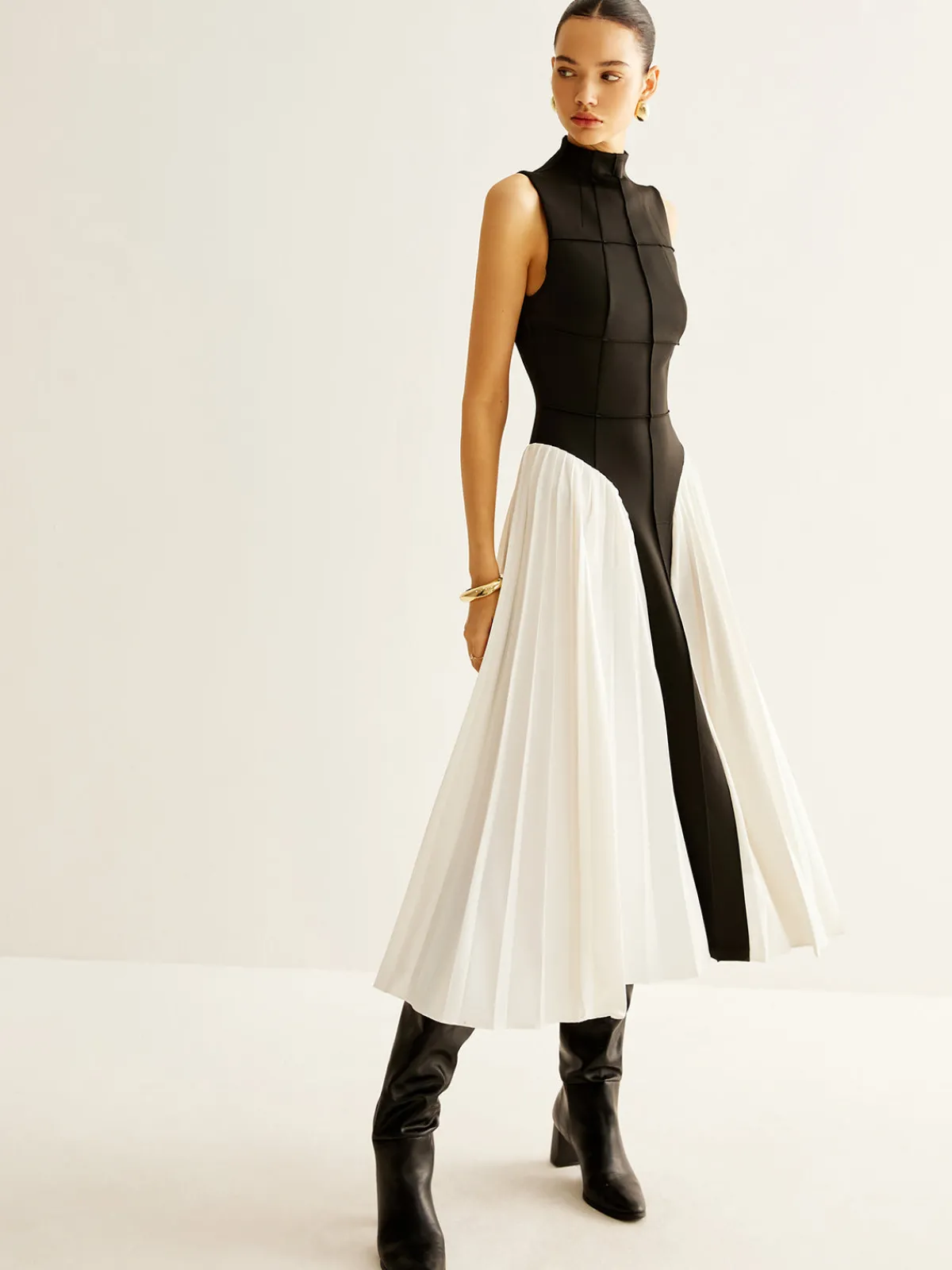 Online Sleeveless Color Block Pleated Dress Black Dresses|Casual Dresses