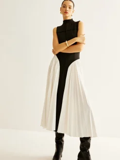 Online Sleeveless Color Block Pleated Dress Black Dresses|Casual Dresses