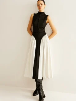 Online Sleeveless Color Block Pleated Dress Black Dresses|Casual Dresses