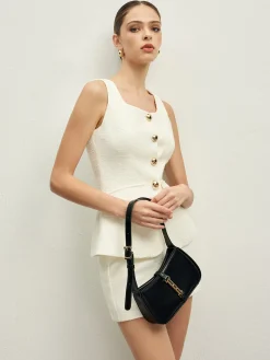 Discount Sleeveless Golden Button A Line Skirt Set Skirt Sets|Long Sleeve Sets