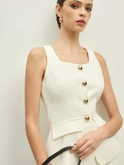 Discount Sleeveless Golden Button A Line Skirt Set Skirt Sets|Long Sleeve Sets
