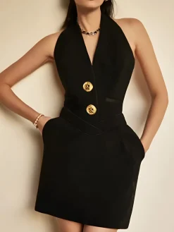Hot Sleeveless Halter V Neck Dress With Gold Buttons Black Dresses|Work Dresses