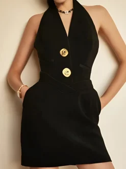 Hot Sleeveless Halter V Neck Dress With Gold Buttons Black Dresses|Work Dresses