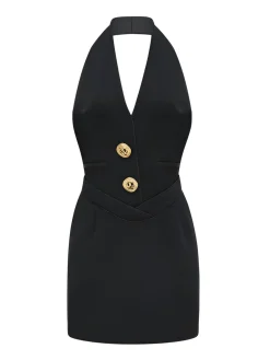 Hot Sleeveless Halter V Neck Dress With Gold Buttons Black Dresses|Work Dresses