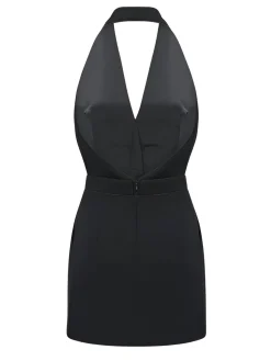Hot Sleeveless Halter V Neck Dress With Gold Buttons Black Dresses|Work Dresses