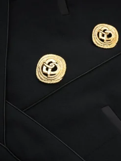Hot Sleeveless Halter V Neck Dress With Gold Buttons Black Dresses|Work Dresses