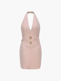 Hot Sleeveless Halter V Neck Dress With Gold Buttons Black Dresses|Work Dresses