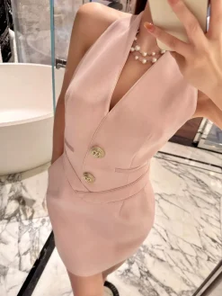 Hot Sleeveless Halter V Neck Dress With Gold Buttons Black Dresses|Work Dresses