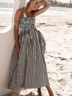 Outlet Sleeveless Pinstripe Long Dress Black Dresses|Casual Dresses