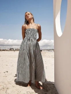 Outlet Sleeveless Pinstripe Long Dress Black Dresses|Casual Dresses