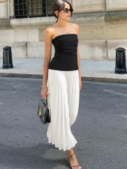 Clearance Sleeveless Pleated Long Dress White Dresses|Casual Dresses