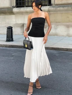 Clearance Sleeveless Pleated Long Dress White Dresses|Casual Dresses