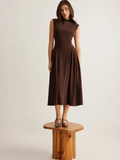 New Sleeveless Pleated Pockets Dress Without Belt Casual Dresses|Work Dresses