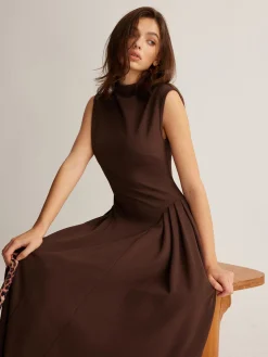 New Sleeveless Pleated Pockets Dress Without Belt Casual Dresses|Work Dresses