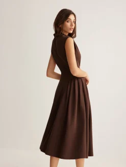 New Sleeveless Pleated Pockets Dress Without Belt Casual Dresses|Work Dresses