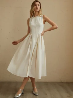 Clearance Sleeveless Pockets Pleated Midi Dress White Dresses|Black Dresses