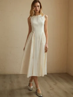 Clearance Sleeveless Pockets Pleated Midi Dress White Dresses|Black Dresses
