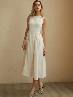 Clearance Sleeveless Pockets Pleated Midi Dress White Dresses|Black Dresses