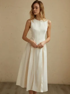 Clearance Sleeveless Pockets Pleated Midi Dress White Dresses|Black Dresses