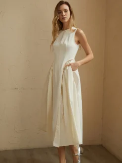 Clearance Sleeveless Pockets Pleated Midi Dress White Dresses|Black Dresses