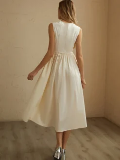 Clearance Sleeveless Pockets Pleated Midi Dress White Dresses|Black Dresses