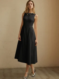 Clearance Sleeveless Pockets Pleated Midi Dress White Dresses|Black Dresses