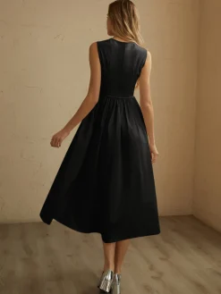 Clearance Sleeveless Pockets Pleated Midi Dress White Dresses|Black Dresses